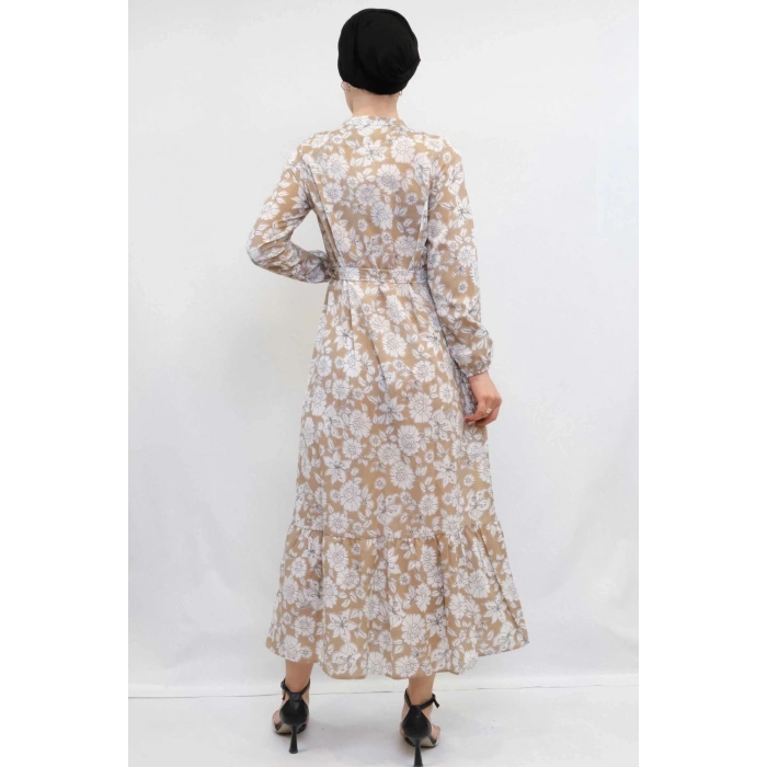 Moda Çizgi Çiçek Desenli  Pileli Elbise Bej