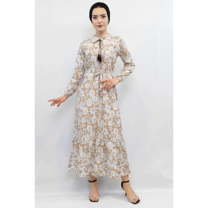 Moda Çizgi Çiçek Desenli  Pileli Elbise Bej