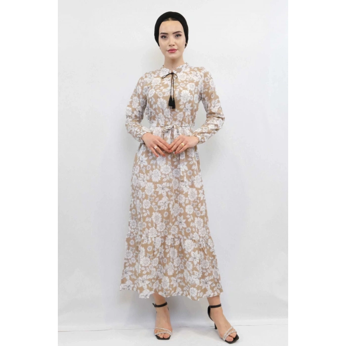 Moda Çizgi Çiçek Desenli  Pileli Elbise Bej