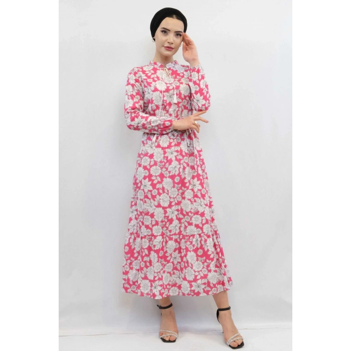 Moda Çizgi Çiçek Desenli  Pileli Elbise Fuşya