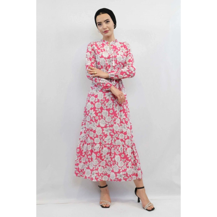 Moda Çizgi Çiçek Desenli  Pileli Elbise Fuşya