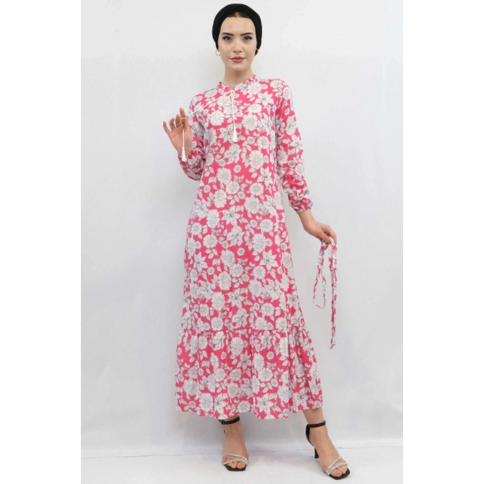 Moda Çizgi Çiçek Desenli  Pileli Elbise Fuşya