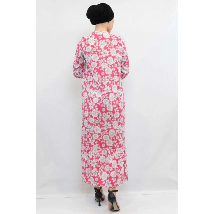 Moda Çizgi Çiçek Desenli  Pileli Elbise Fuşya