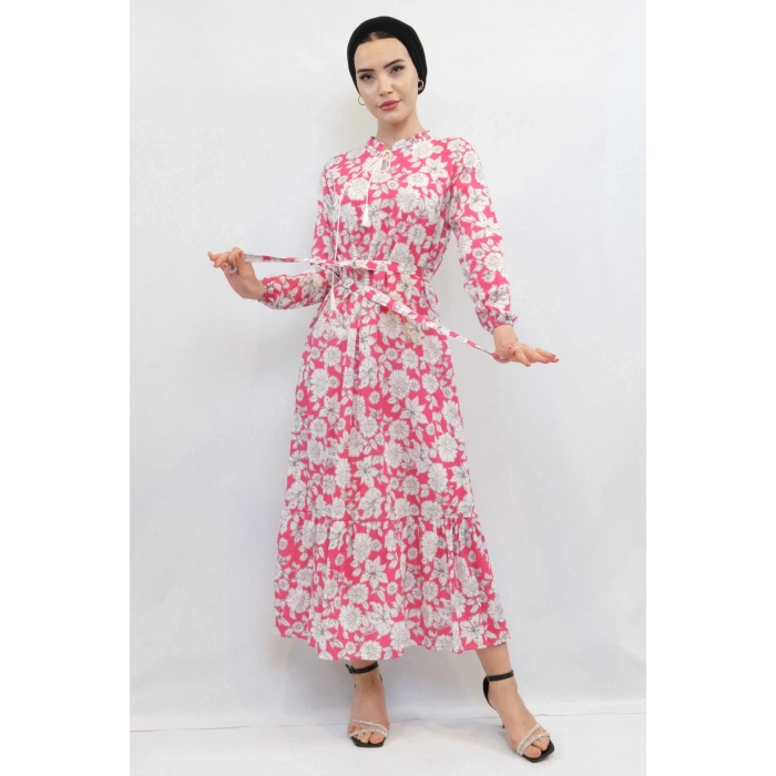 Moda Çizgi Çiçek Desenli  Pileli Elbise Fuşya