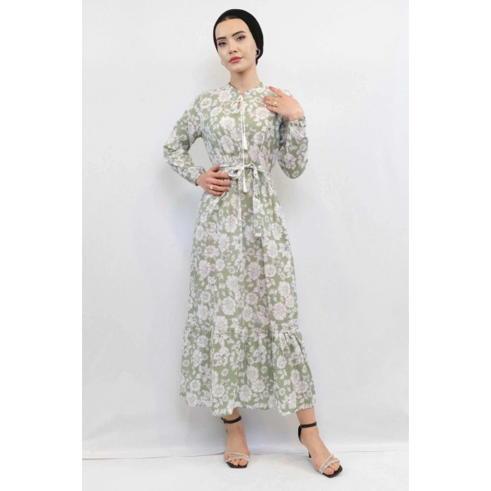 Moda Çizgi Çiçek Desenli  Pileli Elbise Mint