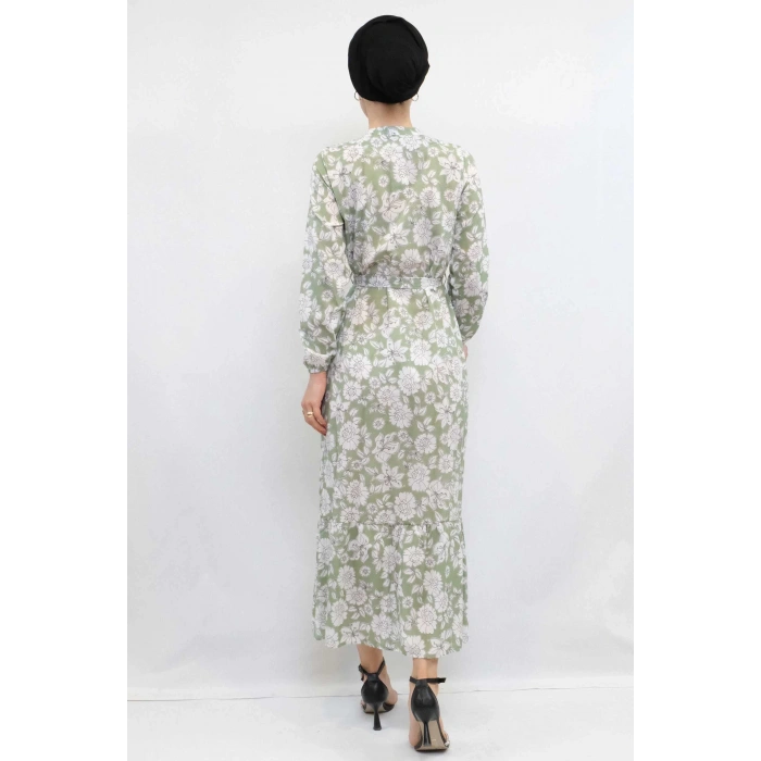 Moda Çizgi Çiçek Desenli  Pileli Elbise Mint