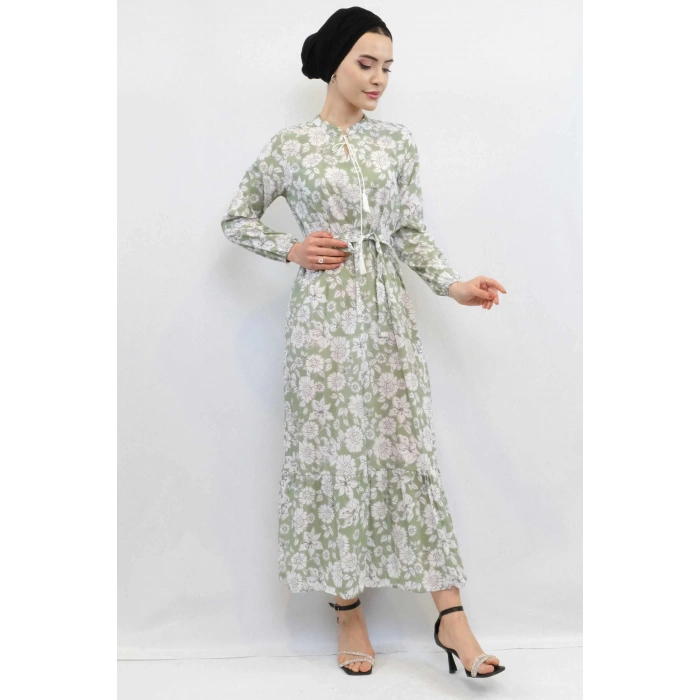 Moda Çizgi Çiçek Desenli  Pileli Elbise Mint