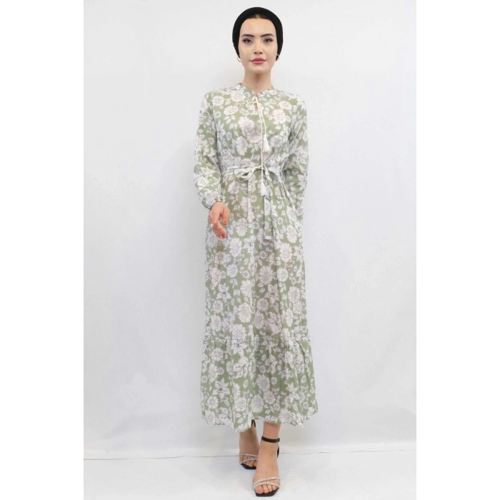 Moda Çizgi Çiçek Desenli  Pileli Elbise Mint