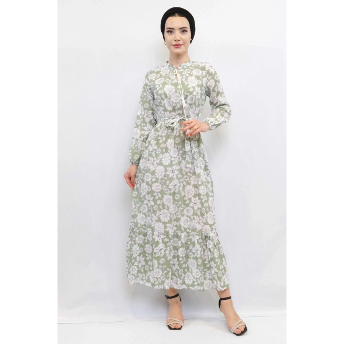 Moda Çizgi Çiçek Desenli  Pileli Elbise Mint