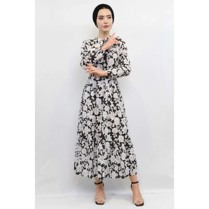 Moda Çizgi Çiçek Desenli  Pileli Elbise Siyah