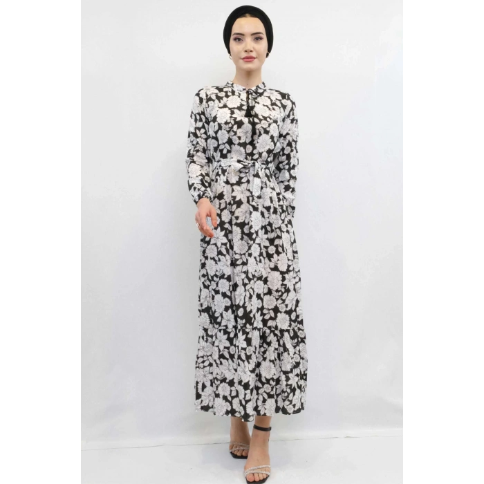 Moda Çizgi Çiçek Desenli  Pileli Elbise Siyah