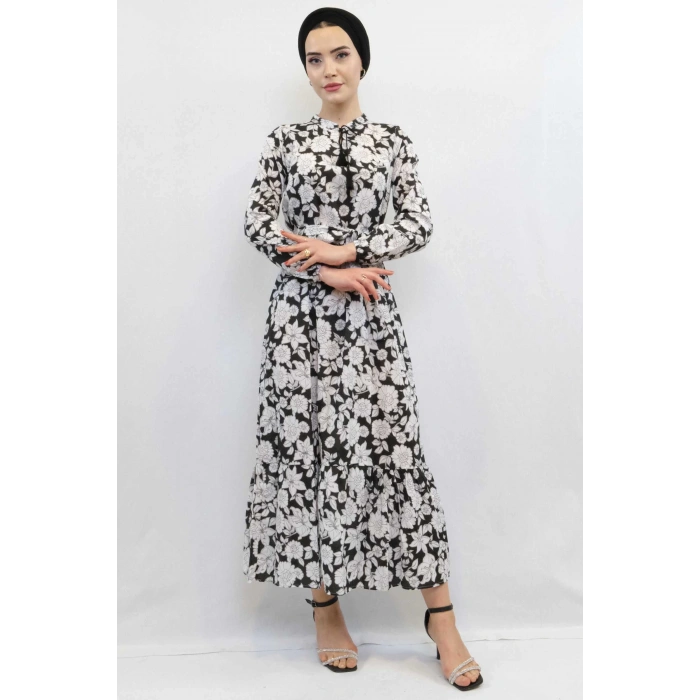 Moda Çizgi Çiçek Desenli  Pileli Elbise Siyah