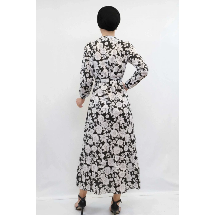 Moda Çizgi Çiçek Desenli  Pileli Elbise Siyah