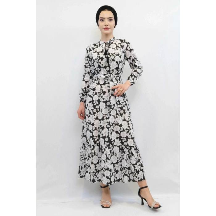 Moda Çizgi Çiçek Desenli  Pileli Elbise Siyah