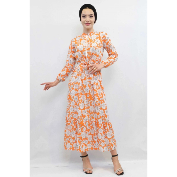 Moda Çizgi Çiçek Desenli  Pileli Elbise Turuncu