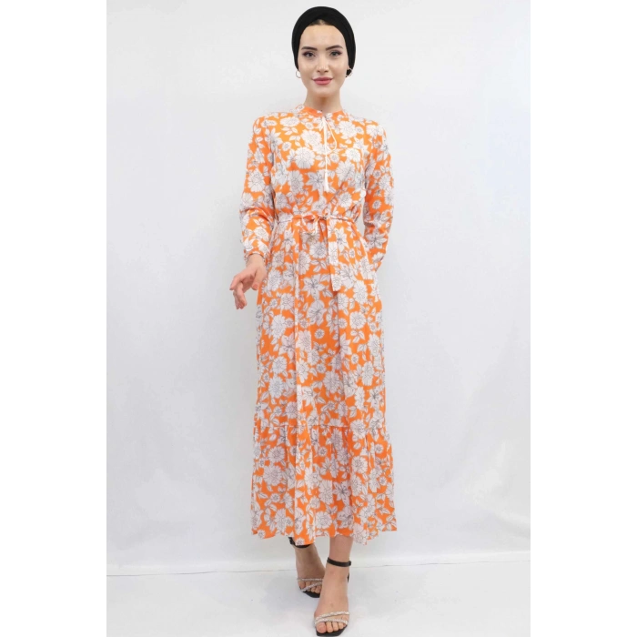 Moda Çizgi Çiçek Desenli  Pileli Elbise Turuncu