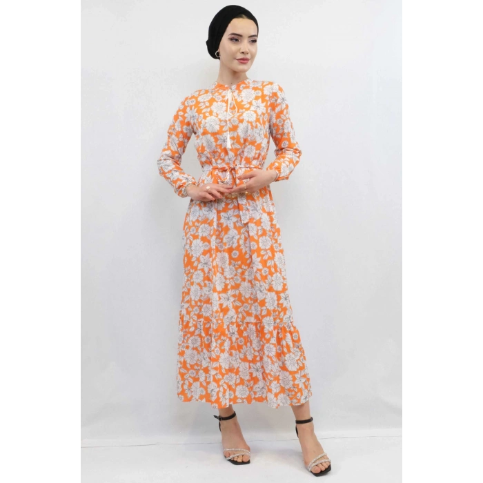 Moda Çizgi Çiçek Desenli  Pileli Elbise Turuncu