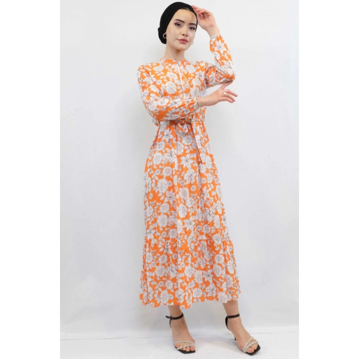 Moda Çizgi Çiçek Desenli  Pileli Elbise Turuncu
