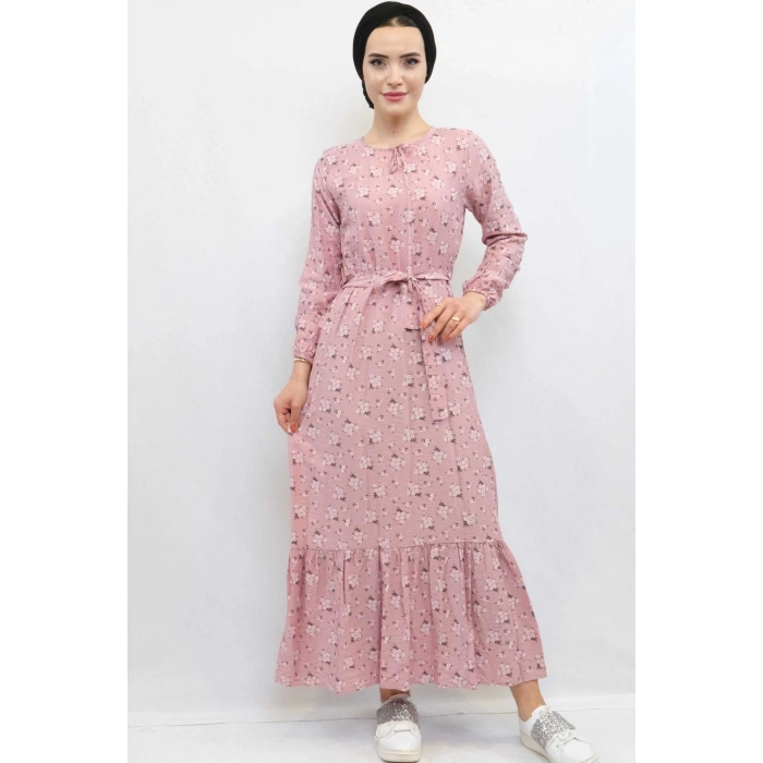 Moda Çizgi Çiçekli Elbise Gül Kurusu