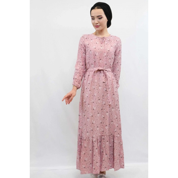 Moda Çizgi Çiçekli Elbise Gül Kurusu