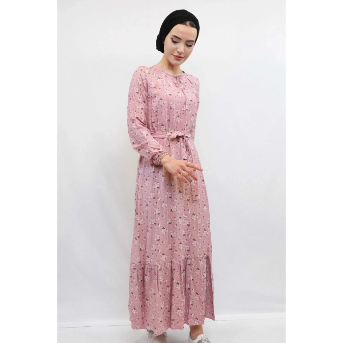 Moda Çizgi Çiçekli Elbise Gül Kurusu