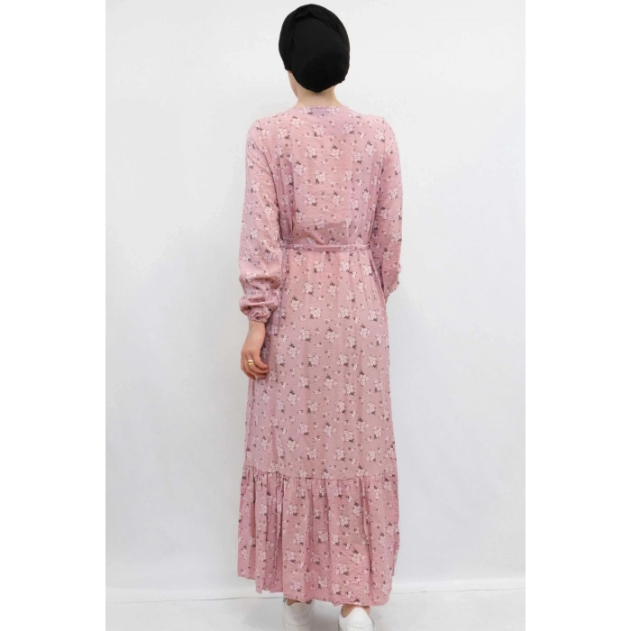 Moda Çizgi Çiçekli Elbise Gül Kurusu