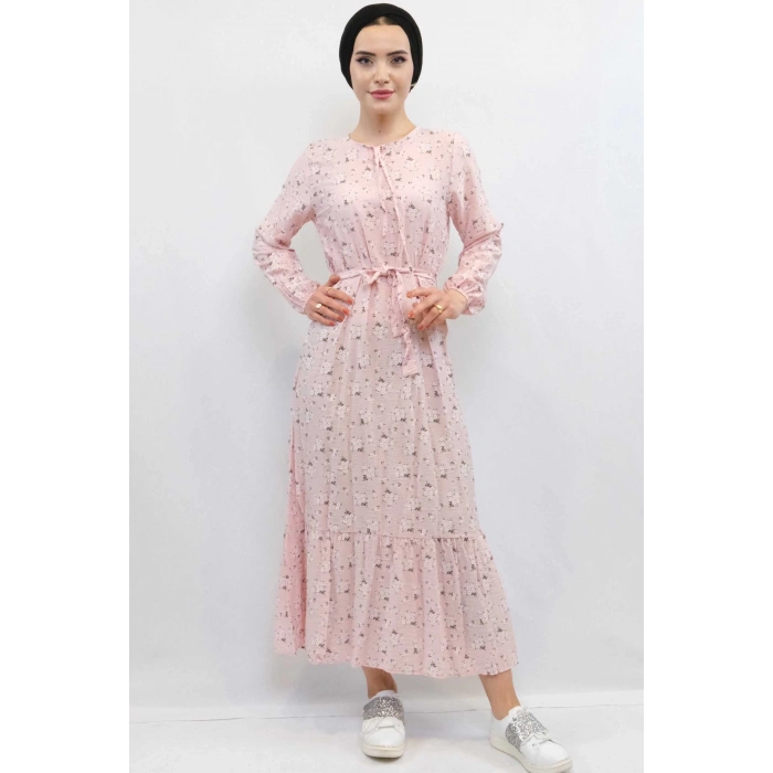 Moda Çizgi Çiçekli Elbise Pudra