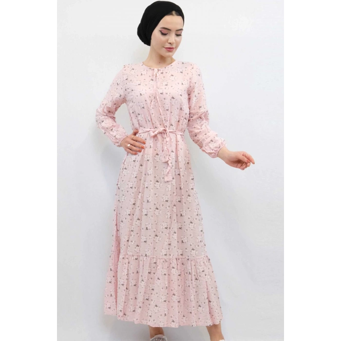 Moda Çizgi Çiçekli Elbise Pudra