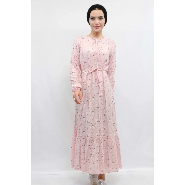 Moda Çizgi Çiçekli Elbise Pudra