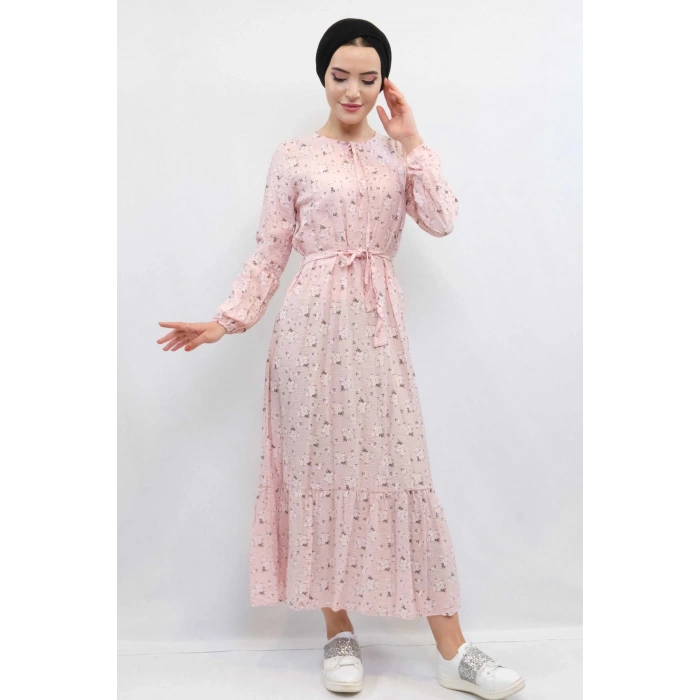 Moda Çizgi Çiçekli Elbise Pudra