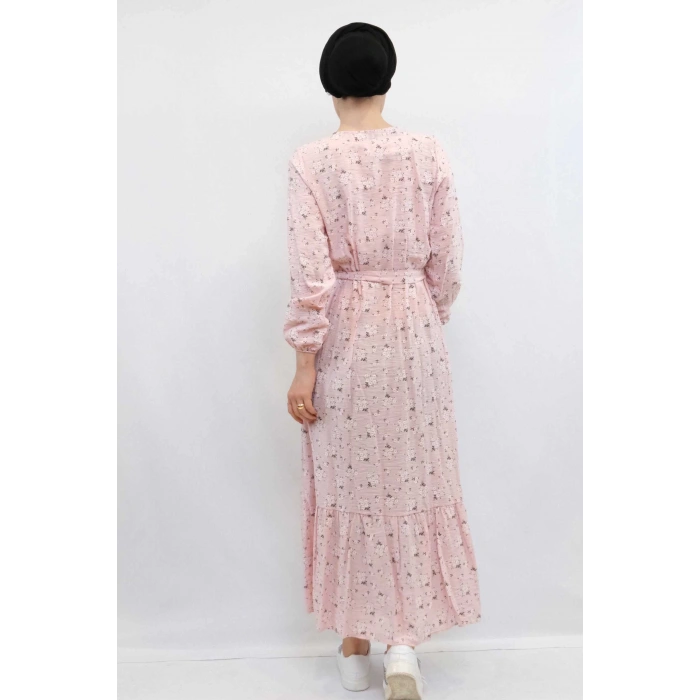 Moda Çizgi Çiçekli Elbise Pudra