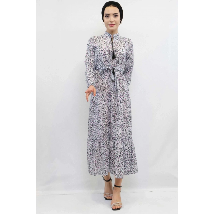 Moda Çizgi Çiçekli Elbise Renkli