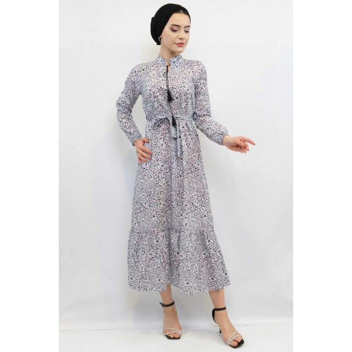 Moda Çizgi Çiçekli Elbise Renkli