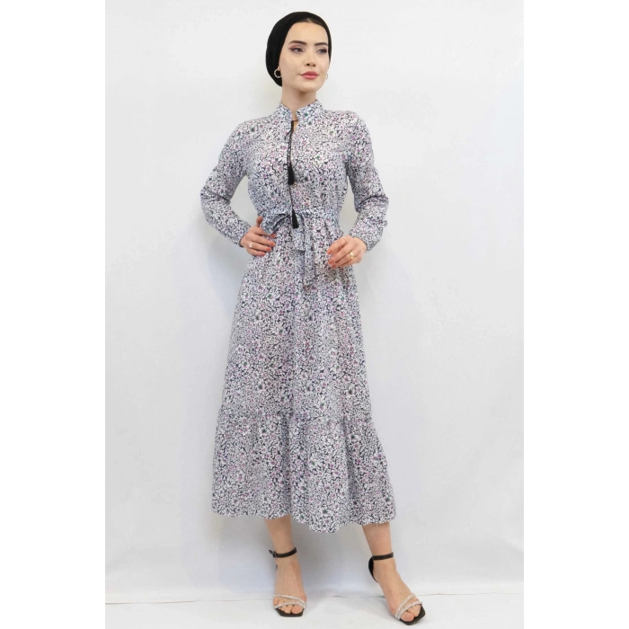 Moda Çizgi Çiçekli Elbise Renkli