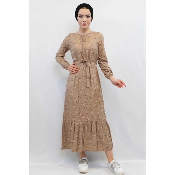 Moda Çizgi Çiçekli Elbise Vizon