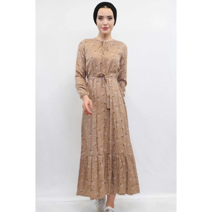 Moda Çizgi Çiçekli Elbise Vizon