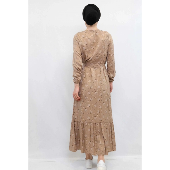 Moda Çizgi Çiçekli Elbise Vizon