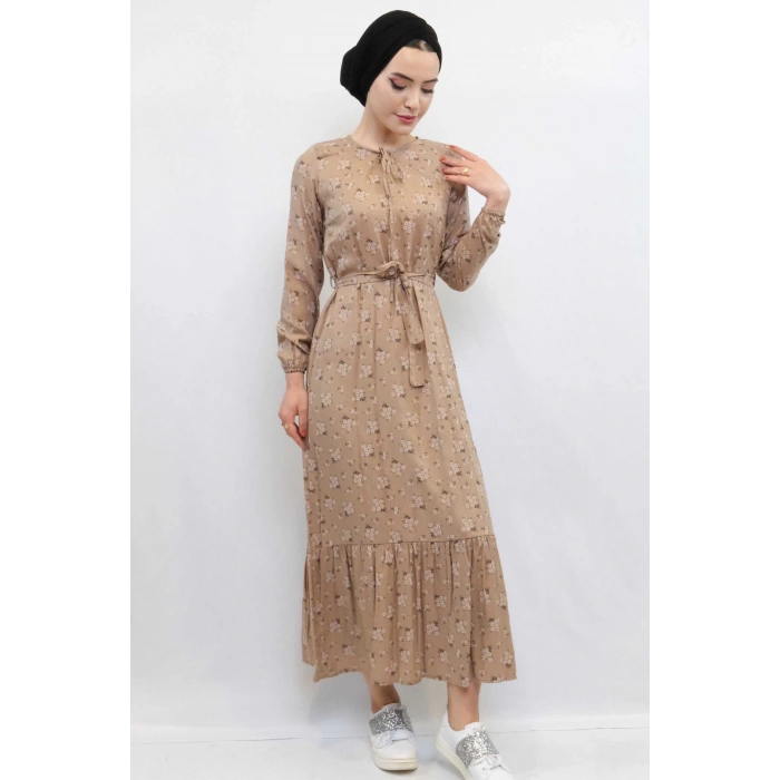 Moda Çizgi Çiçekli Elbise Vizon