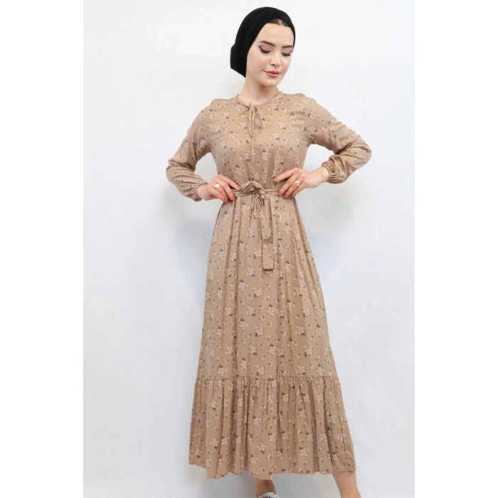 Moda Çizgi Çiçekli Elbise Vizon