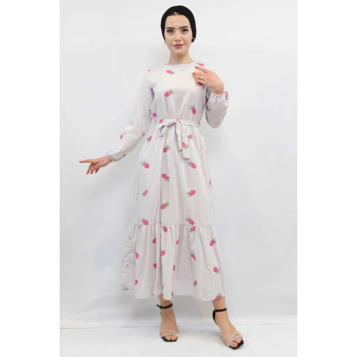 Moda Çizgi Desenli Elbise Fuşya