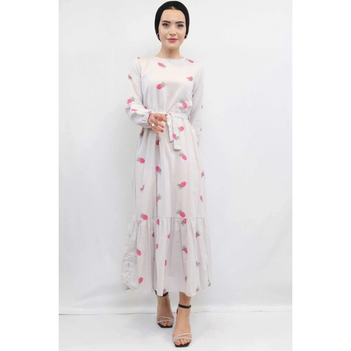 Moda Çizgi Desenli Elbise Fuşya