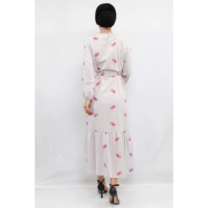 Moda Çizgi Desenli Elbise Fuşya