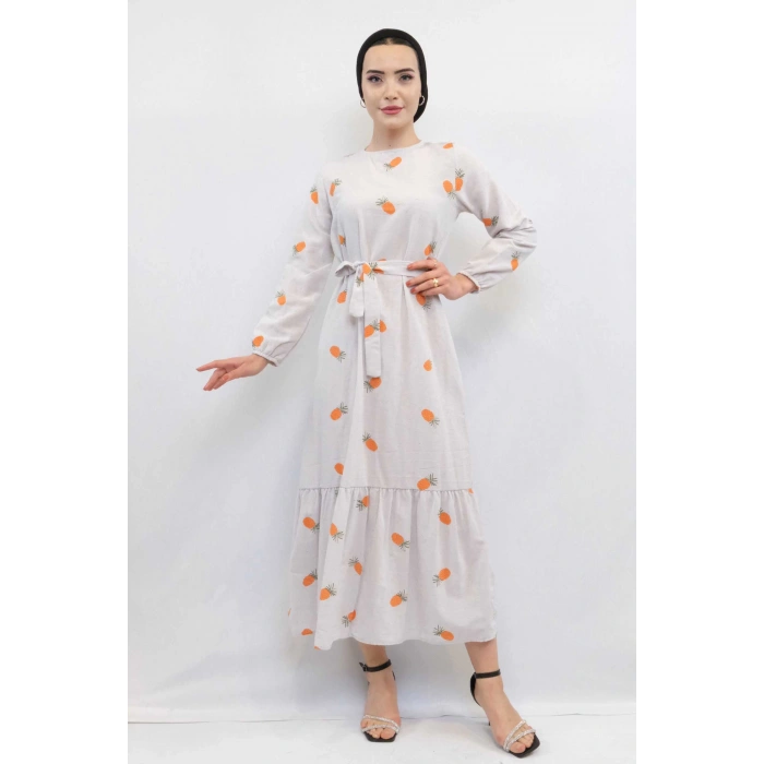 Moda Çizgi Desenli Elbise Turuncu