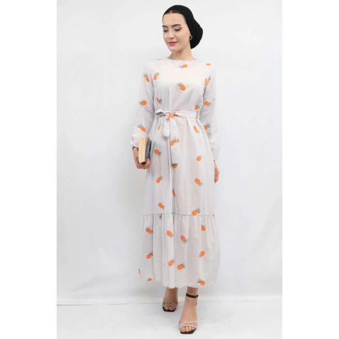 Moda Çizgi Desenli Elbise Turuncu