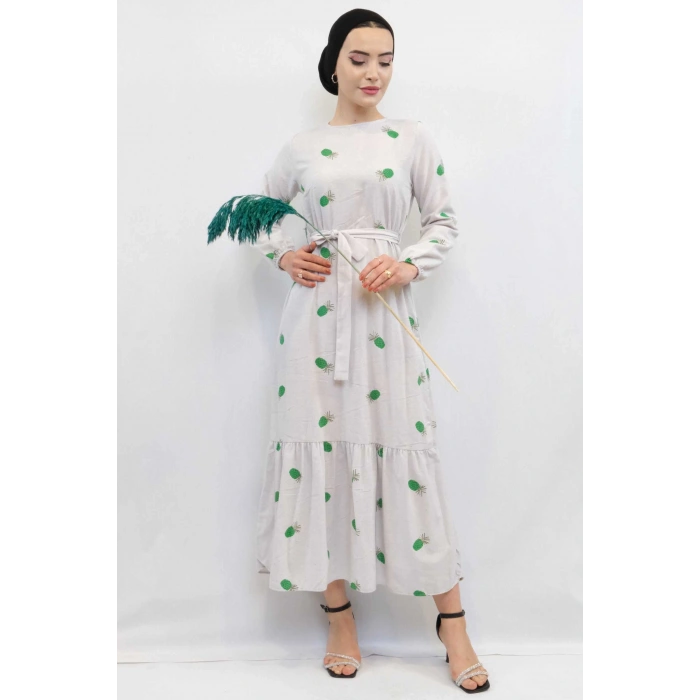 Moda Çizgi Desenli Elbise Yeşil