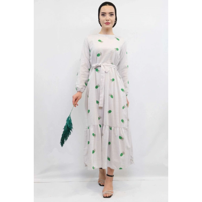 Moda Çizgi Desenli Elbise Yeşil