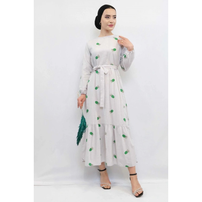 Moda Çizgi Desenli Elbise Yeşil