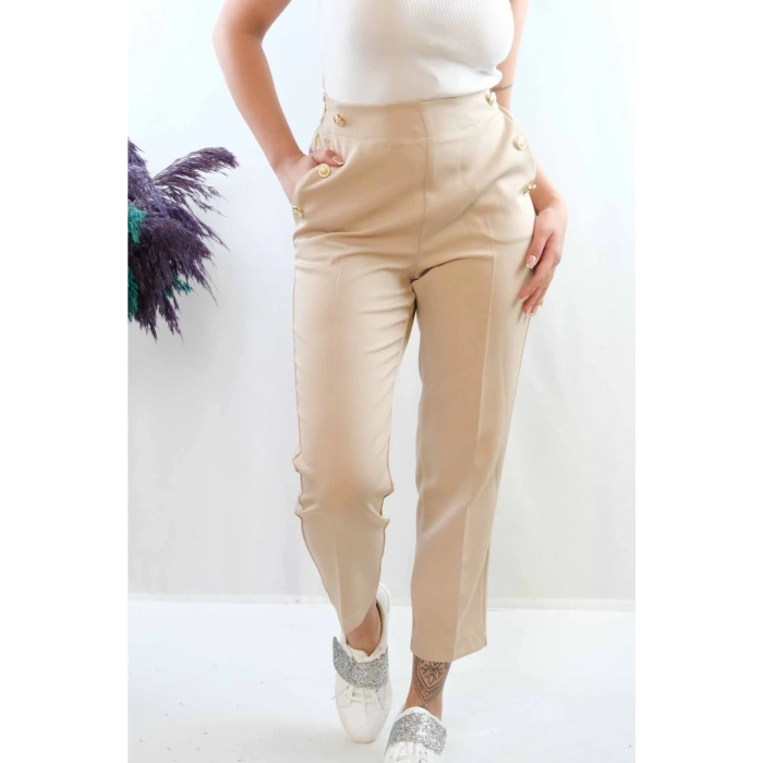 Moda Çizgi Düğme Aksesuarlı Yüksek Bel Pantolon Bej