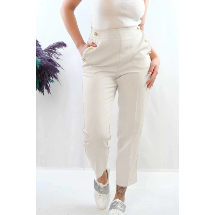 Moda Çizgi Düğme Aksesuarlı Yüksek Bel Pantolon Ekru