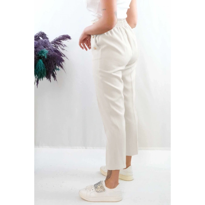 Moda Çizgi Düğme Aksesuarlı Yüksek Bel Pantolon Ekru